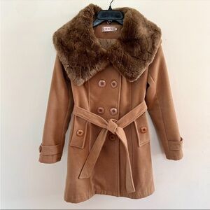 Tan Pea Coat with Faux Fur Collar